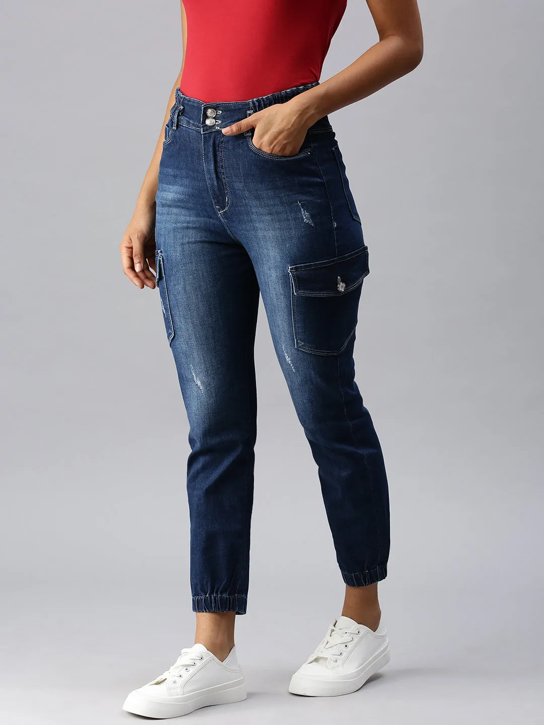 Women's Navy Blue Solid Jogger Denim Jeans