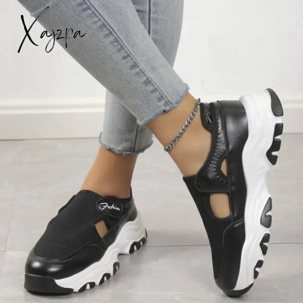 Xajzpa - Black Casual Hollowed Out Patchwork Contrast Round Comfortable Out Door Shoes